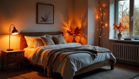 Warmly Lit Bedroom with Cozy Bed and Autumnal Decorの写真素材
