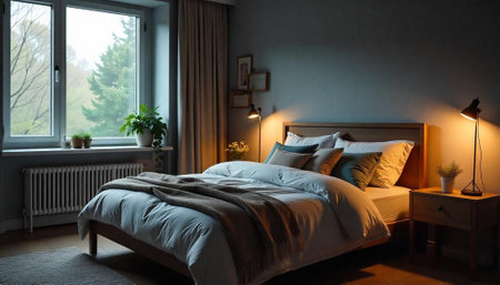 Cozy bedroom interior with soft light and calm atmosphereの写真素材