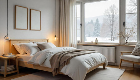 Cozy bedroom with winter view, minimalist design elementsの写真素材