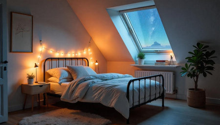 Cozy bedroom interior with sky view and warm lighting