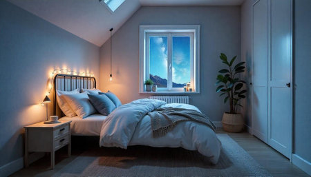 Cozy bedroom interior with serene mountain view and soft lightingの写真素材
