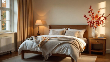 Cozy autumn bedroom interior with natural light and warm tonesの写真素材