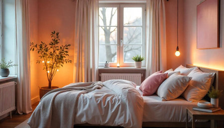 Warm and cozy bedroom interior in calm color paletteの写真素材