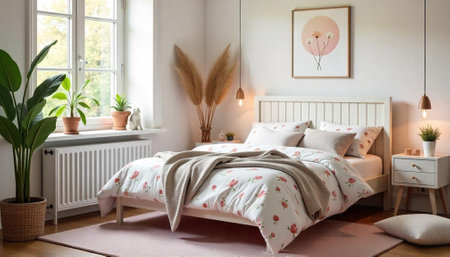 Bright bedroom interior with floral bedding and natural lightの写真素材