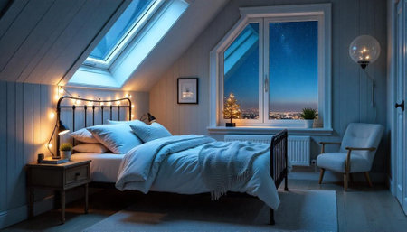 Cozy bedroom interior at night with city viewの写真素材