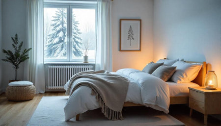Cozy winter bedroom interior with snowy landscape viewの写真素材