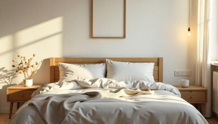Minimalist bedroom interior with natural light and cozy beddingの写真素材