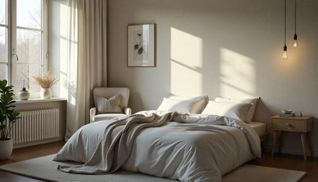 Serene bedroom interior with sunlight and neutral tones design