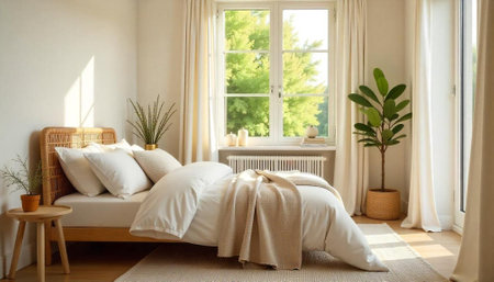 Bright, airy bedroom with wicker headboard and natural lightの写真素材