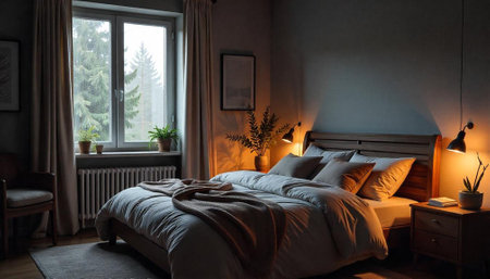 Cozy bedroom interior with natural light and warm tonesの写真素材