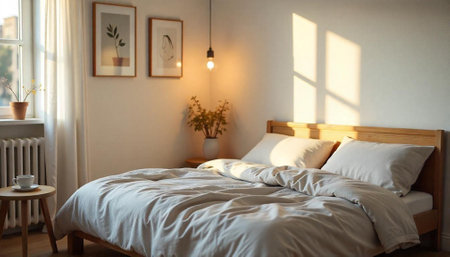 Bright airy bedroom featuring sunlight and minimalist decor elementsの写真素材