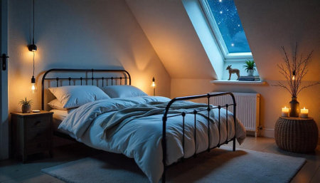 Cozy Bedroom with Attic Window and Starry Night View