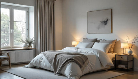 Cozy minimalist bedroom interior with neutral tones and texturesの写真素材
