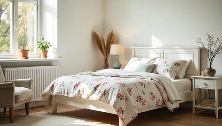 Bright airy bedroom interior with floral bedding and decor