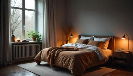 Inviting bedroom interior with warm tones and natural lightの写真素材