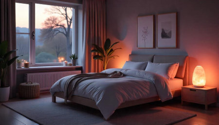 Cozy bedroom interior at dusk creating a serene atmosphereの写真素材