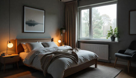 Cozy bedroom interior with soft lighting and modern aesthetic