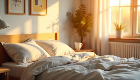 Cozy bedroom interior with natural light and minimalist designの写真素材