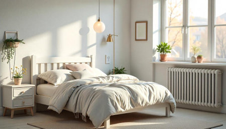 Bright bedroom interior with natural light and cozy ambianceの写真素材