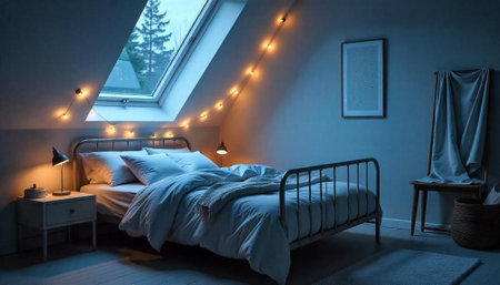 Cozy bedroom at night with string lights and skylightの写真素材