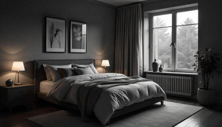 Monochromatic bedroom interior with bed, nightstands, and windowの写真素材