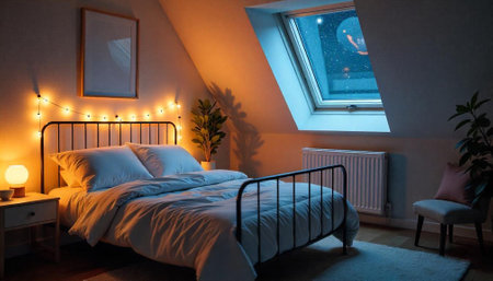 Cozy bedroom at night with window view and lightsの写真素材