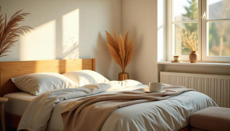 Cozy bedroom with sunlight, neutral tones, and decorative elements