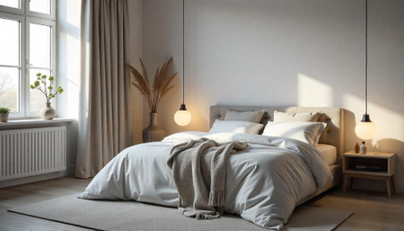 Bright minimalist bedroom interior featuring neutral tones and elegant decor