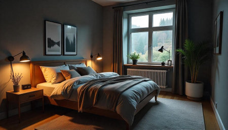 Cozy bedroom interior with soft lighting and natural elementsの写真素材