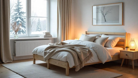 Cozy bedroom interior with winter scene through the windowの写真素材