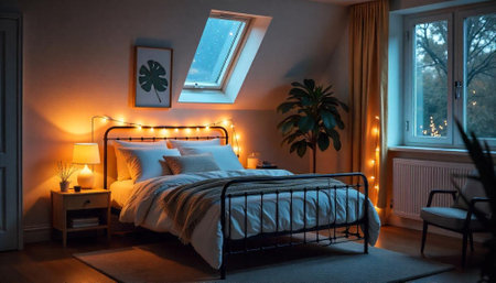 Cozy bedroom with warm lights and snowy window viewの写真素材