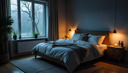 Cozy bedroom interior with soft lighting and natural elementsの写真素材
