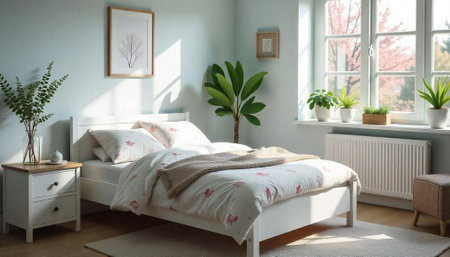 Cozy bedroom with white bed and houseplants in natural light