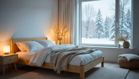 Cozy bedroom with winter view and warm lighting