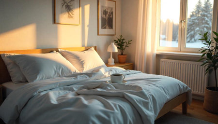 Cozy bedroom with a view of winter landscape