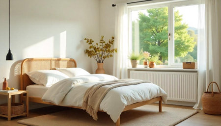 Bright modern bedroom interior with minimalist decor and natural light