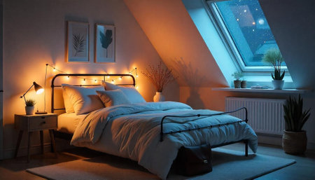 Cozy bedroom at night with string lights and stars