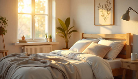 Cozy bedroom with morning light creating a serene ambianceの写真素材