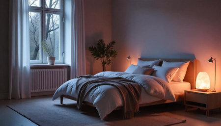 Modern bedroom interior with soft lighting and minimalist decorの写真素材