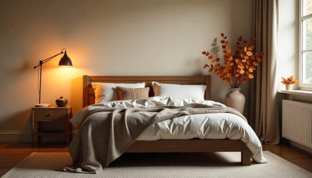 Cozy bedroom interior with soft natural light and earthy tones