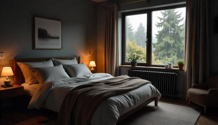 Cozy bedroom interior with nature view from large windowの写真素材
