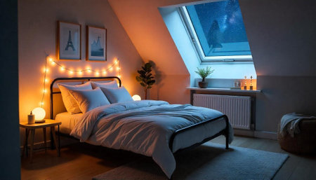 Cozy bedroom interior with soft lighting and night viewの写真素材