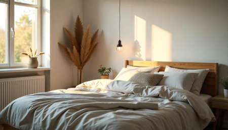 Cozy bedroom interior with natural light and neutral tones