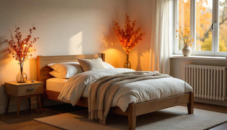 Warm bedroom interior design with natural light and autumn decor