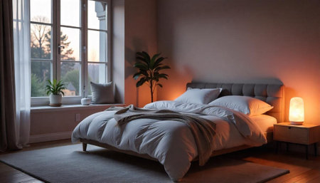 Cozy bedroom interior with natural light and soft glow