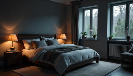 Cozy bedroom interior with soft lighting and calming hues