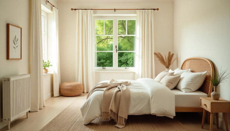 Cozy and bright bedroom interior with natural light streaming throughの写真素材