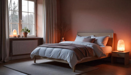 Warm bedroom interior with natural light and serene atmosphereの写真素材