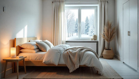 Serene bedroom interior with winter scene outside the window