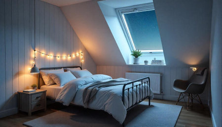 Attic bedroom with night sky view and string lightsの写真素材